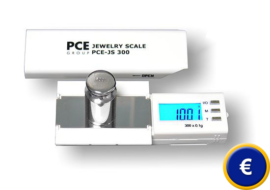 Balanza de bolsillo PCE-JS 300 con iluminacin de fondo en la pantalla.