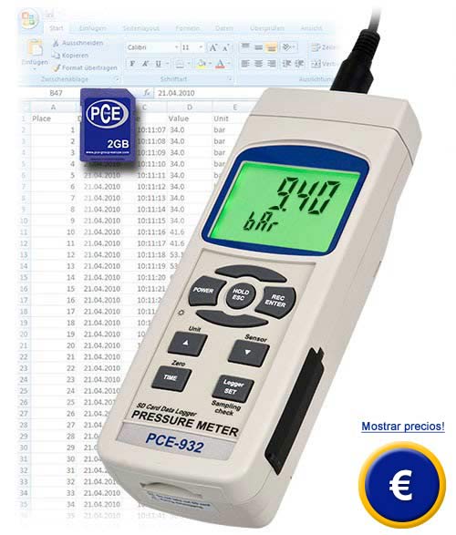 Controlador de presin de alto rango PCE-932 con tarjeta de memoria SD