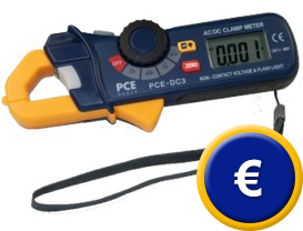 Mini detector de corriente PCE-DC3 con funcin de memoria de valores.
