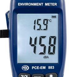 Pantalla del detector de humedad multifuncion PCE-EM 883 con iluminación trasera para visualizar cómodamente los resultados de la medición