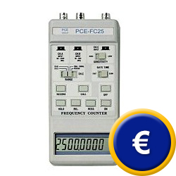 Frecuencmetro PCE-FC25 en formato de bolsillo con un microprocesador para las funciones frecuencia , periodo, resolucin con posibilidad de intercambio, funcin de reten- cin de valores, medicin del valor relativo y memoria de datos de medicin (mximo, mnimo y valor medio)