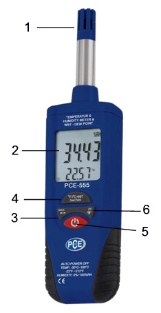 Descripci&oacute;n de las distintas partes y funciones del humid&iacute;metro PCE-555.