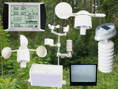 Aquí observa la indicador meteorologico PCE-FWS 20 con el software y todos los sensores que se acoplan al mástil (todo incluido en el envío).