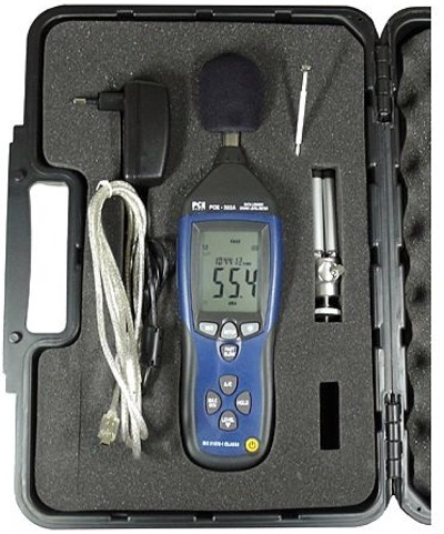 Indicador de sonido PCE-322A en su maletín de transporte, incluido en el envío.