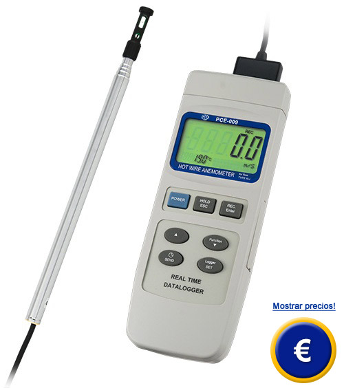 Medidor de caudal de aire con sonda termo y memoria y software PCE-009