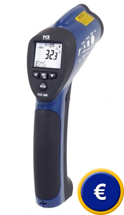 Term�metro sin contacto PCE-889 que mantiene el valor l�mite de alarma.