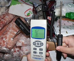 Termmetro de suelo PCE-T390 midiendo los productos congelados de una camara frigorifica