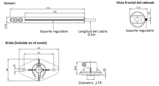 Dimensiones del transductor de velocidad de aire EE 575