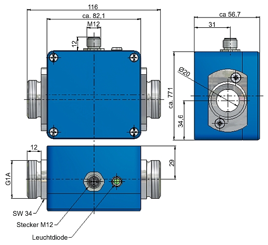 Dimensiones del transmisor de caudal electromagntico VMI 20