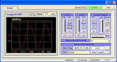 En la imagen se puede observar la medición de la frecuencia de la Red Eléctrica Española que es de 50 Hz con el software de los analizadores de espectro de la serie PCE-OC.