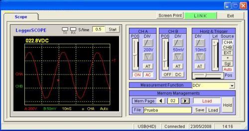 En esta otra imagen se puede ver la medición de la tensión de la Red Eléctrica Española que es de 230V en AC con el software de los osciloscopios de la serie PCE-OC.