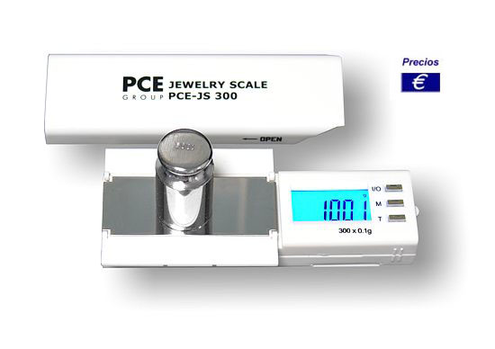 Microbáscula PCE-JS 300 con iluminación de fondo en la pantalla.