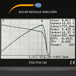 Pantalla del comprobador de mdulos solares PCE-PVA 100