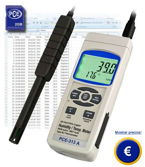 Detector de humedad PCE-313A con tarjeta de memoria SD para grabaciones de larga duración