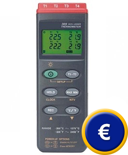 Indicador de temperatura PCE-T395 con memoria, software y diversas entradas (cuatro canales de entrada).