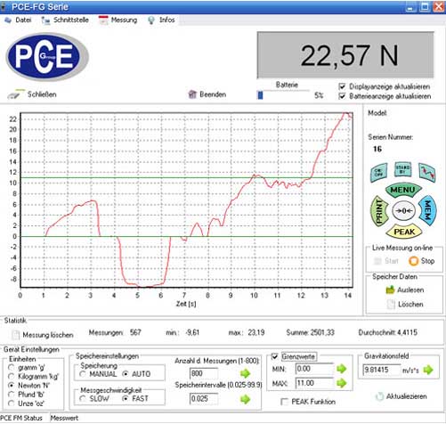 Software para el PC del medidor de fuerza universal PCE-FB 0P que se incluye en el envío.
