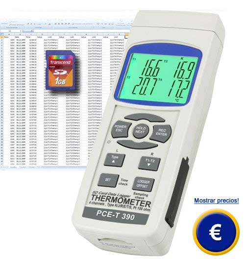 Medidor de temperatura PCE-T390 con tarjeta de memoria SD, software opcional y diversas entradas (cuatro canales de entrada).