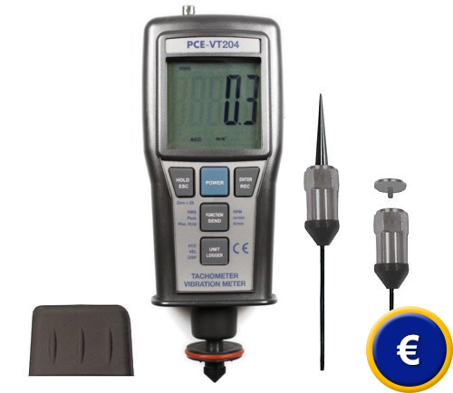 Medidor de vibraciones PCE-VT 204 con diferentes sensores y adaptadores.