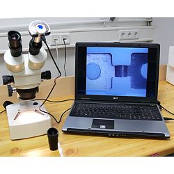 Aquí ve el micro ocular analizando una varilla de ajuste de una balanza.