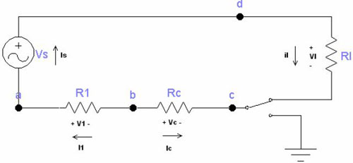 Circuito de una literna con variables de voltaje y corrientes asignadas.