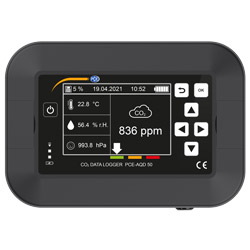 Visualicin cmoda de la pantalla del registrador de datos de CO2 PCE-AQD 50