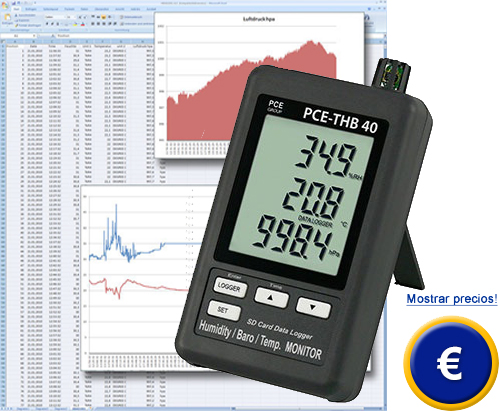 Registrador de datos multifuncional PCE-THB 40, perfecto para la captacin de temperatura, humedad y presin atmsferica.