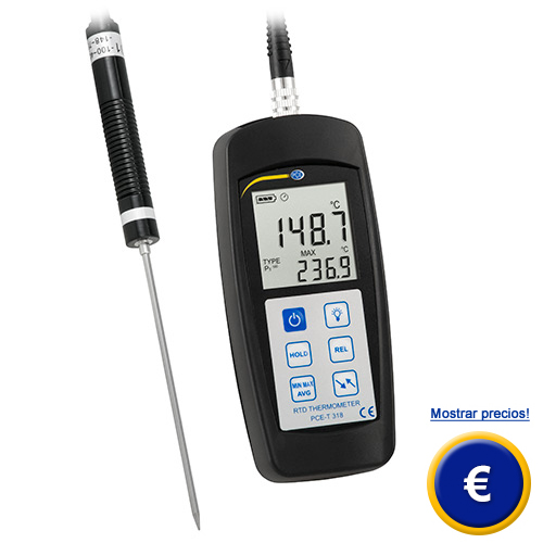 Más información acerca del termómetro de precisión PCE-T318 con gran pantalla.