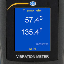 Indicacin de temperatura en la pantalla del medidor de vibraciones PCE-VM 22